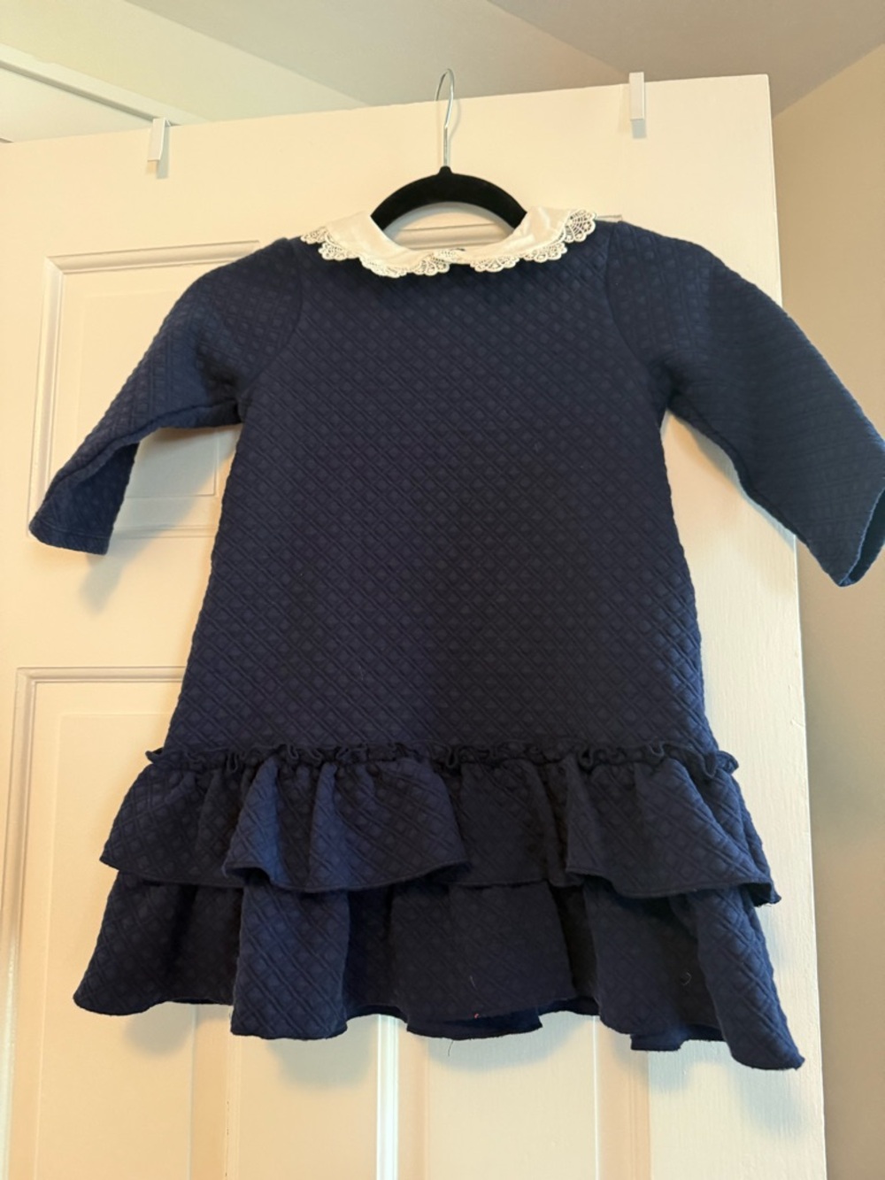 Janie and Jack Navy Quilted Ruffle Dress with Lace Collar - Kids